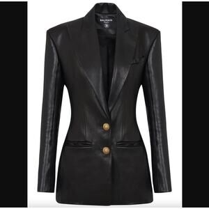 $4330 Balmain Black Leather Single Breasted Blazer Jacket size FR 38/6